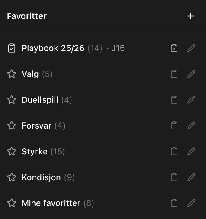 Favorites lists in Planr with custom lists such as Playbook, Valg, Duellspill and Forsvar