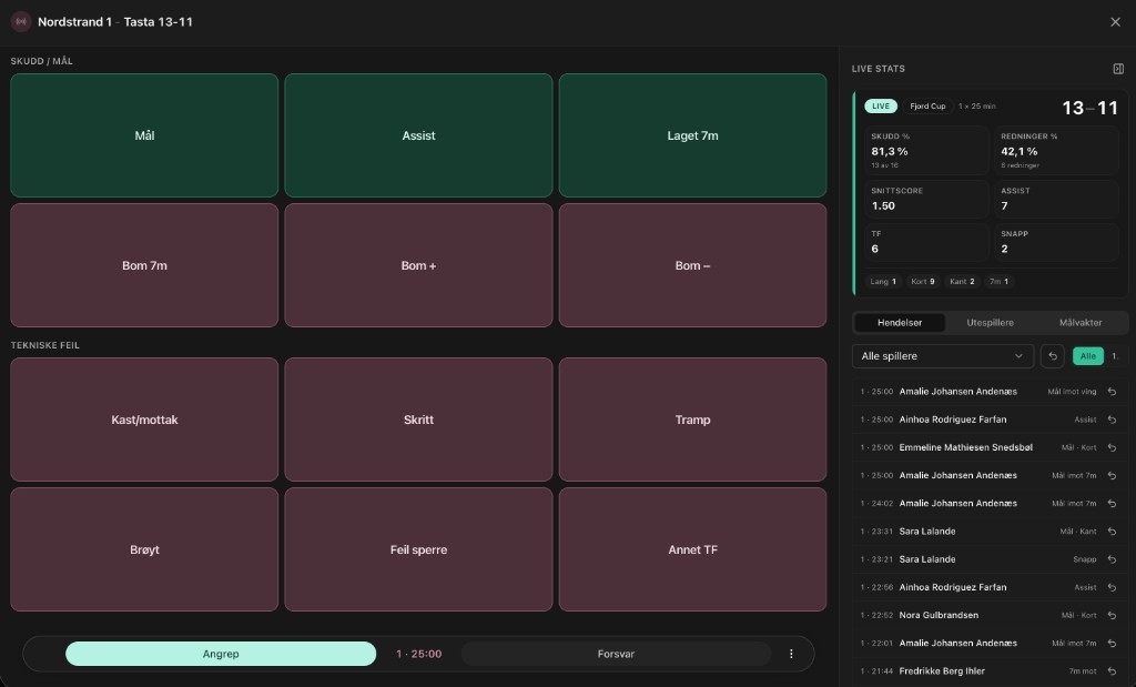 Live match recording in Planr with shots, goals, technical fouls and live statistics