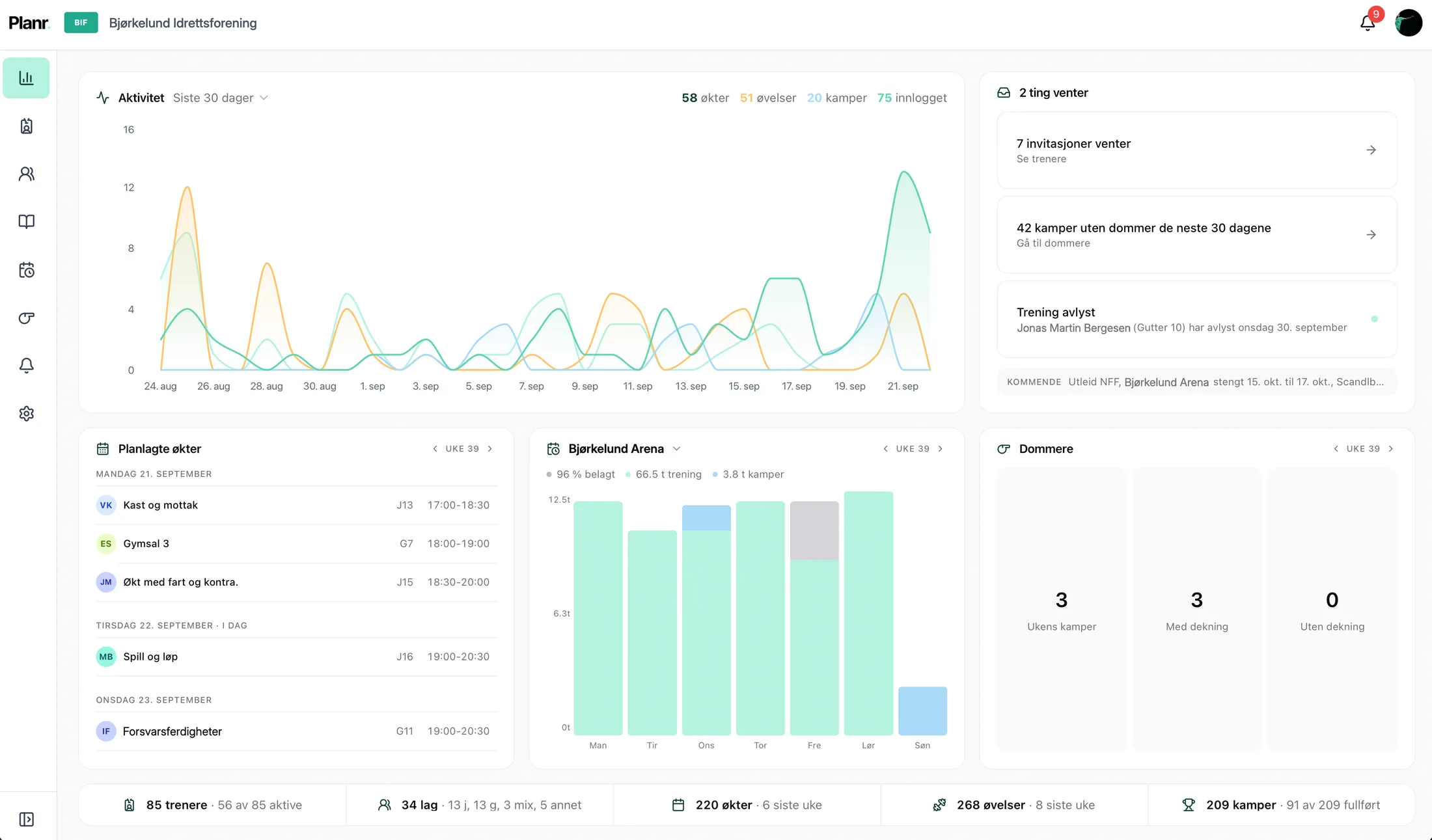 The new Planr Hub club dashboard with activity, follow-up, planned sessions, hall plan and referees